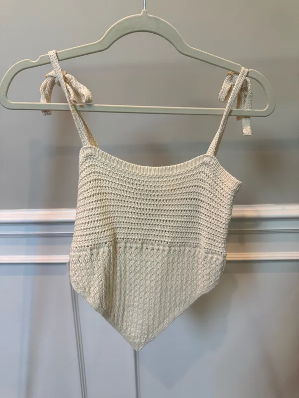 Urban Outfitters Crochet Handkerchief Hem Cami Top Ivory Tie Strap Button Back - Image 2