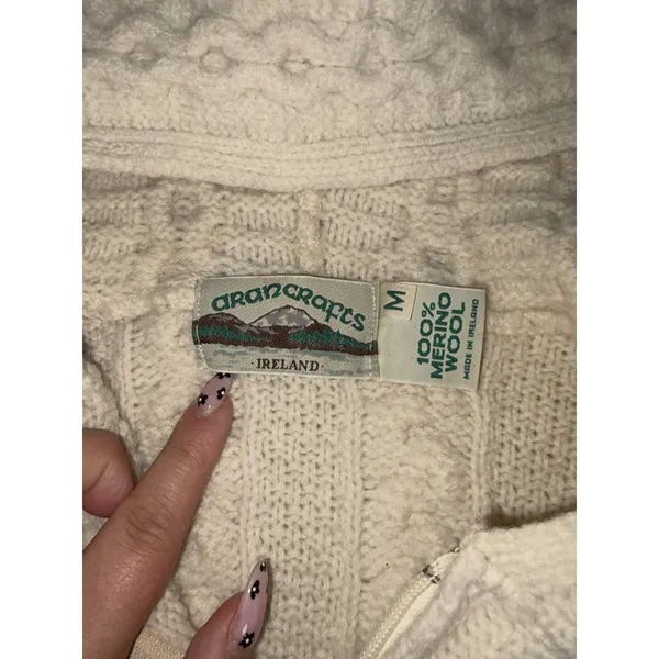 Aran Crafts Women's M Fits S Merino Wool Full Zip Sweater Cable Ireland Ivory - Image 5