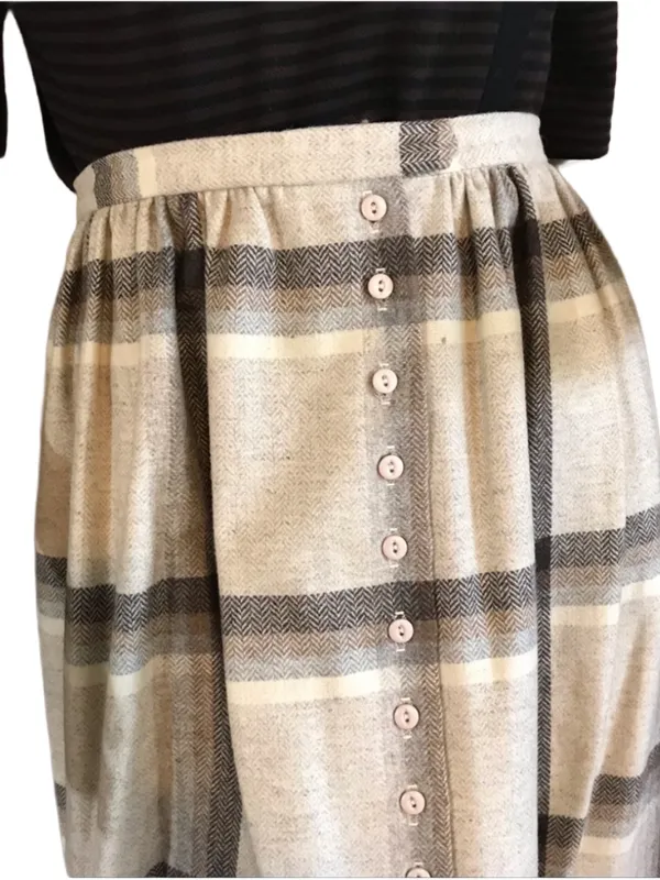 Vintage 1980'S Century Beige & Brown Plaid Wool Midi Skirt (12) - Image 8