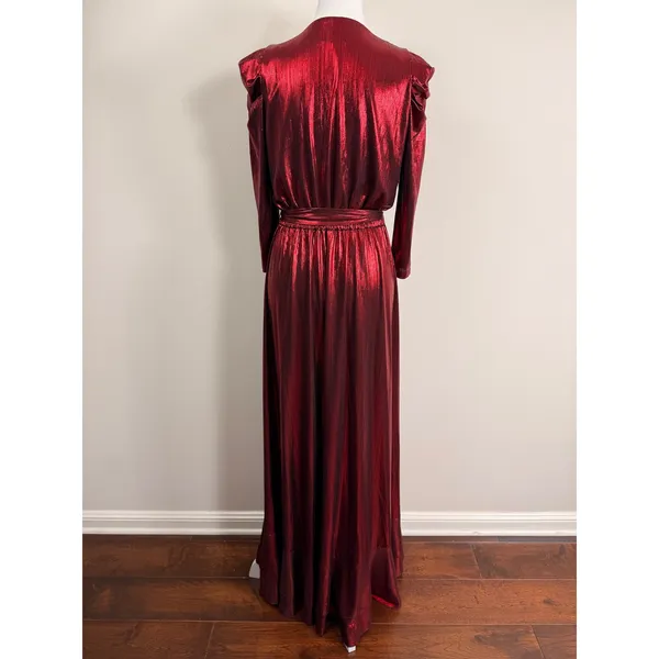 Retrofête Flora Metallic Red Lame Wrap Maxi Puff Sleeve Asymmetrical Gown Small - Image 7