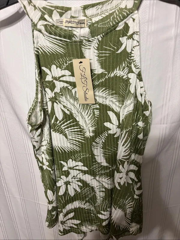 Olive Green Tropical Halter Tank with White Leaf Print Size M - Image 2