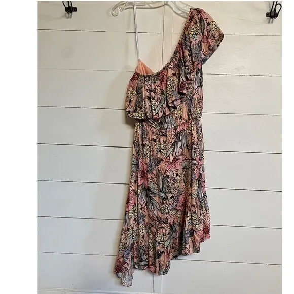 MINKPINK Womens Pink Floral One Shoulder Asymmetric Ruffle Mini Dress‎ Size S - Image 10