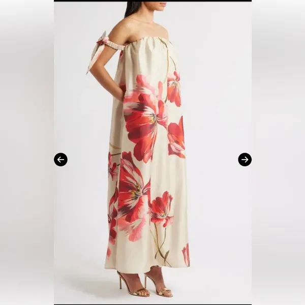 HUTCH Iris Off-Shoulder Maxi Dress | Floral, Bow -‎ Beige - Image 5