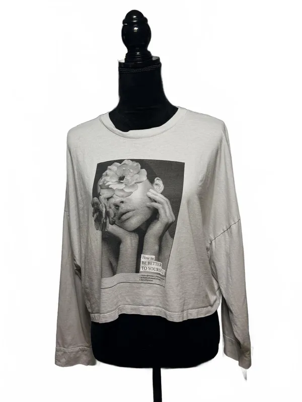 The Long Sleeve Chop Graphic Tee Grey Portrait Floral Art Streetwear Size Large - Image 3