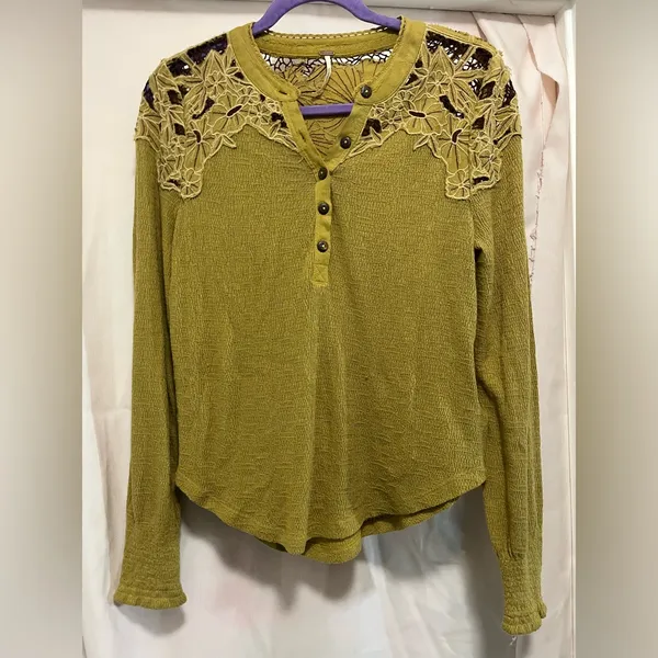 Free People Mustard Lace Accent Blouse - Image 2