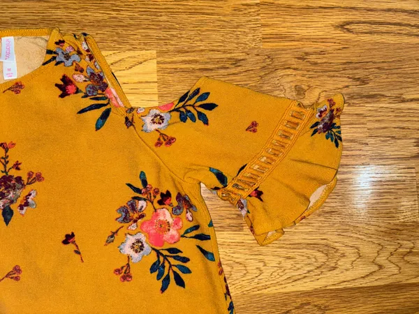 Xhilaration Dress Women’s Size Medium Cold Shoulder Mustard Yellow Floral Rayon - Image 3