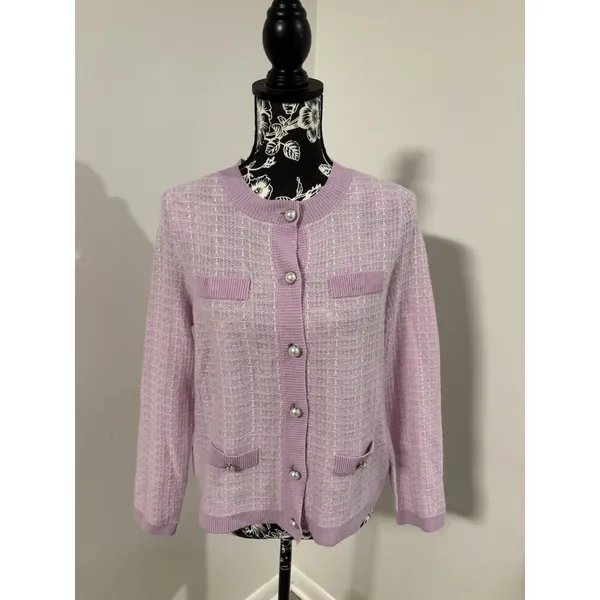 BLOOMINGDALES Purple Pink Pearl Buttons 2-Ply Cashmere Jacket Cardigan Medium - Image 2