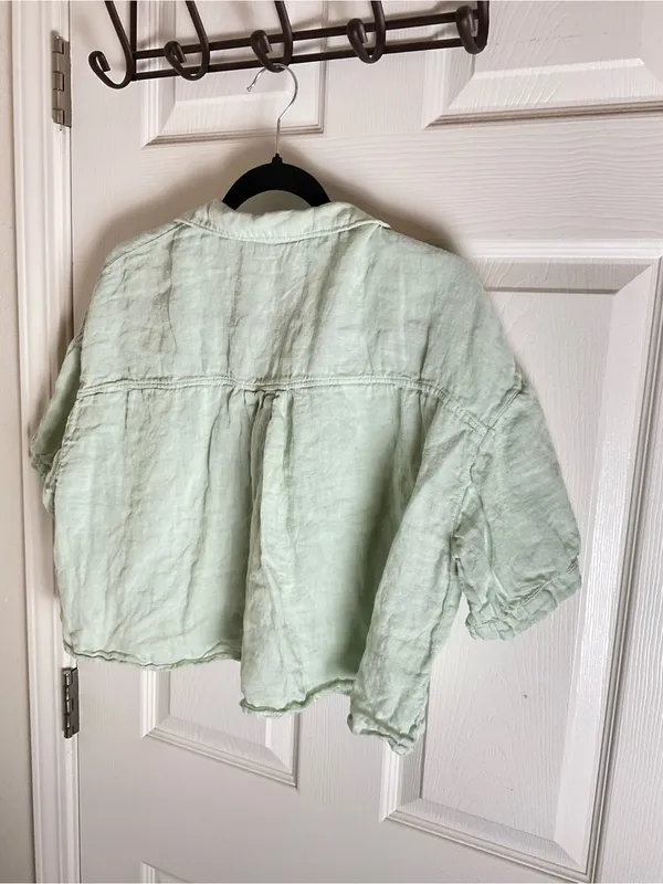 Zara Linen Crop Short Sleeve Button Down Blouse Mint Green Large Boho - Image 6