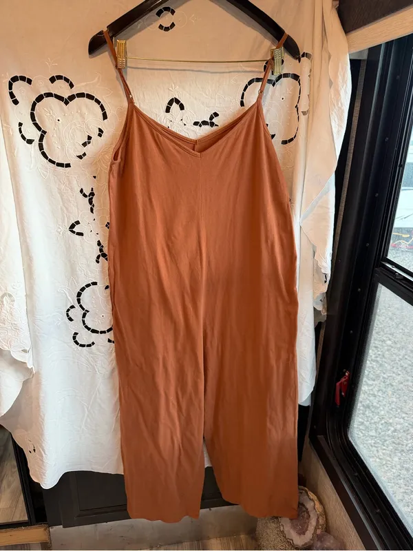Coyuchi Solstice Organic Cotton Wide Leg Romper Jumpsuit Rust Small yoga soft - Image 3