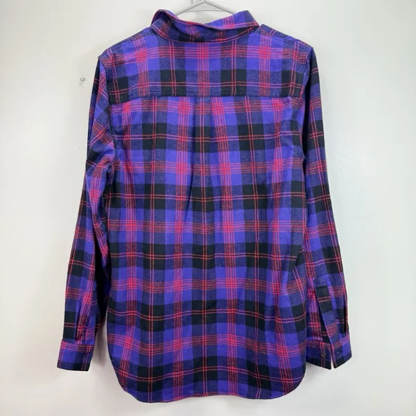 LL Bean Purple Scotch Plaid 1/4 Zip Cotton Flannel Shirt Relaxed MEDIUM - Image 6