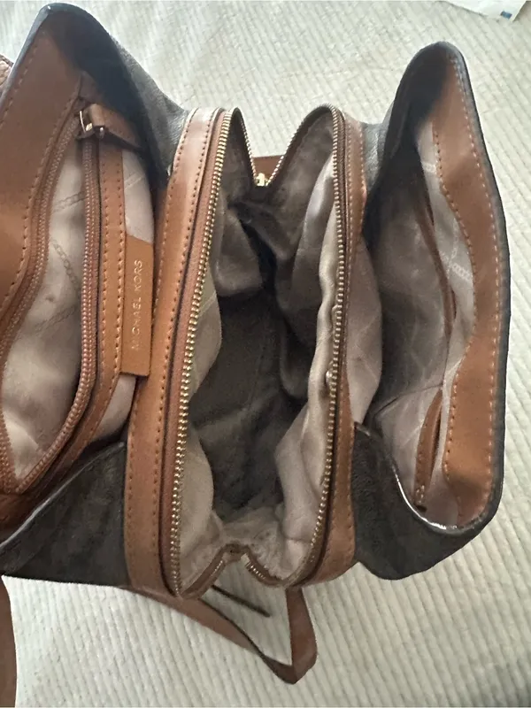 Michael Kors Raven Brown Logo Backpack with Tan Leather Trim - Image 13
