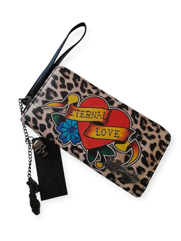 Ed Hardy Y2K Leopard Print Eternal Love Long wallet NWT with skull charm - Image 9