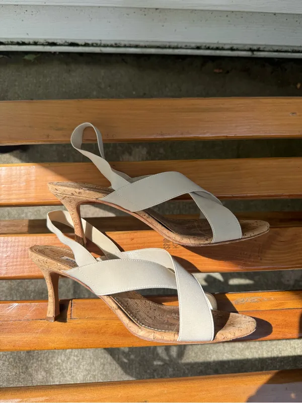 Manolo Blahnik Cork Kitten Heel Elastic Strap Sandals Carrie Bradshaw Women’s - Image 4