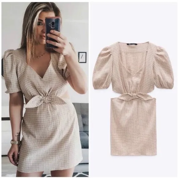 Zara Beige Checkered Mini Dress - Image 2