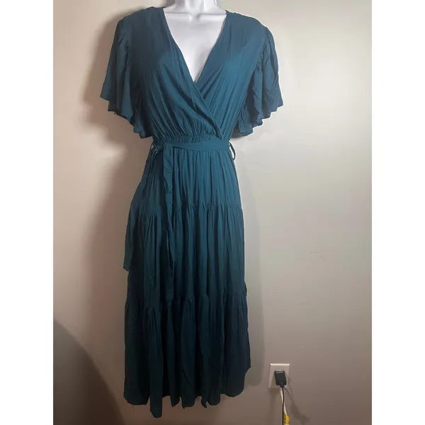 Petal +‎ Pup Barker Teal Blue Tiered Flutter Sleeve Wrap Maxi Dress Womens Small - Image 2
