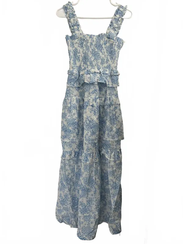 Maisie 100% Cotton Floral Smocked Ruffle Cotton Maxi Dress NWT Blue White XS - Image 5