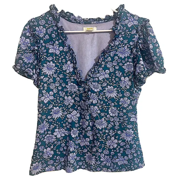 Maeve By Anthropologie Women's Ruffle Puff Sleeve V-Neck Henley Tee Blouse Large - Image 5
