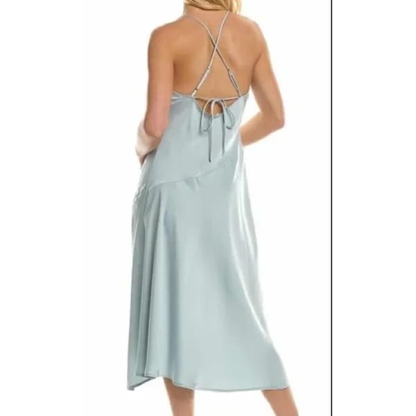 ASTR The Label Light Blue Satin‎ Cowl Neck Midi Slip Dress L Cross Back Slit - Image 2