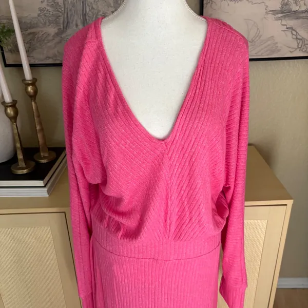 Anthropologie Daily Practice Pink Ribbed Barre Midi V-Neck Dress Size Large‎ NWT - Image 4