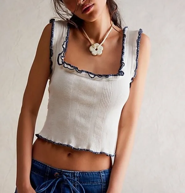 Free People Large Caramel Tank White Ivory Lettuce Trim Rib Knit Boxy Fit - Image 9