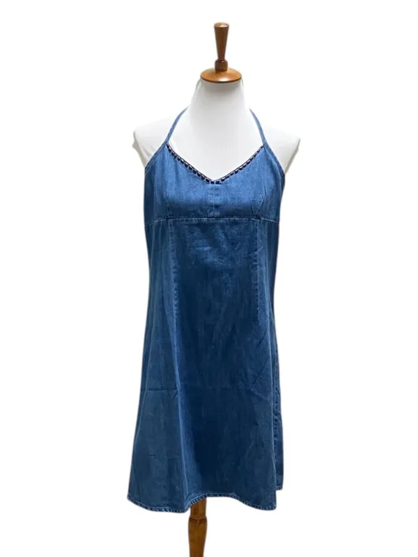 Route 66 Y2K Denim Halter Mini Dress Blue Size 10 Boho Summer Coastal Festival - Image 2