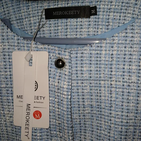 MEROKEETY Women's Textured Blazer‎ Jacket Light Blue Button Front Size M - Image 3