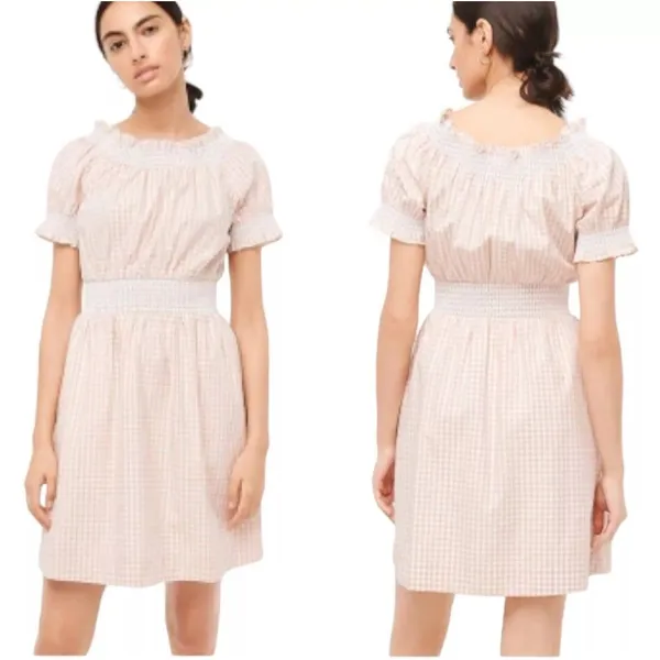 J.Crew Womens XS Peach Gingham Smocked Cotton Mini Dress Short Sleeve Pockets - Image 2
