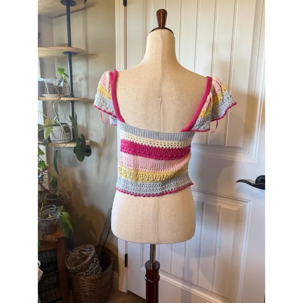 Sincerely Jules‎ Striped Crochet Crop Top Off Shoulder Ruffle Sleeve Pink Yellow - Image 2