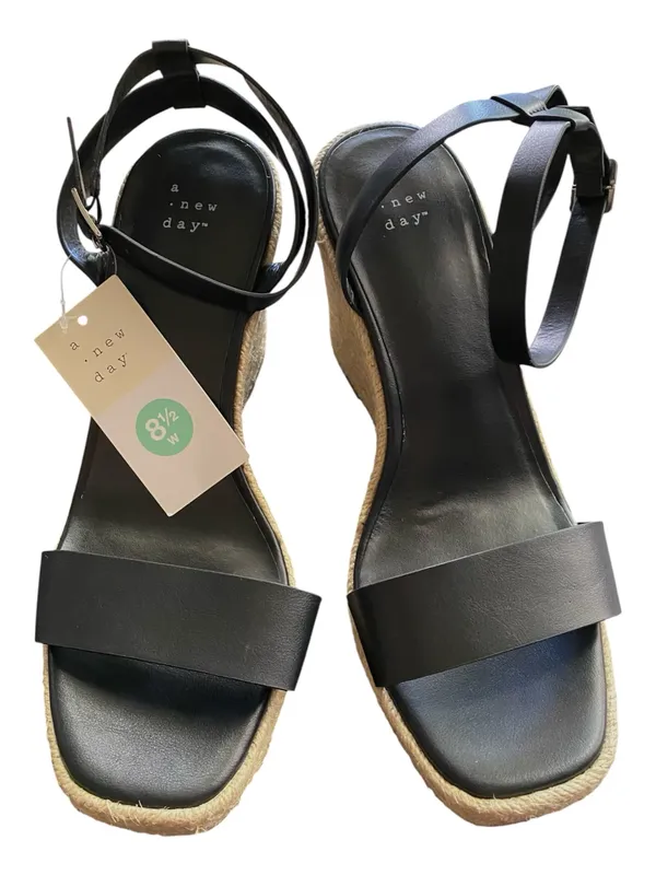 A New Day Black Espadrille Wedge Sandals 8.5W Wide Width Coastal Ankle Strap - Image 3