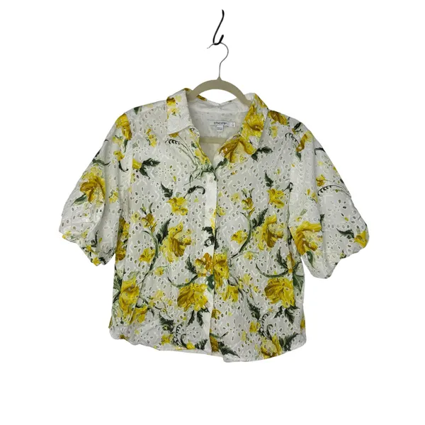 Chico’s Floral Eyelet Button-Front Puff Sleeve Blouse White Yellow Size 1 (US 8) - Image 3