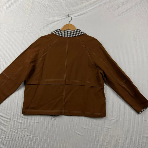 Brown Canvas Utility Jacket Gingham Trim Contrast Stitch Workwear Small - Image 3