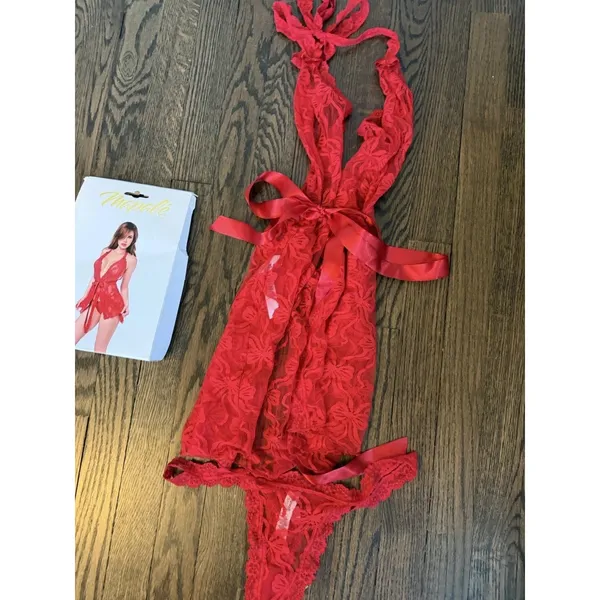 Mapale Bow Lace Babydoll Chemise & Thong Set Sz L/XL NWT - Image 6