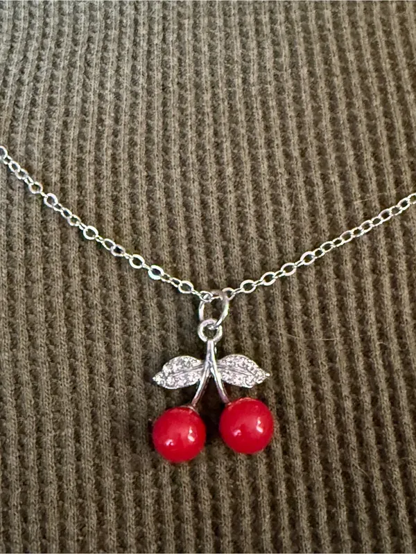 Silver Chain Necklace with Red Cherry Pendant - Image 2