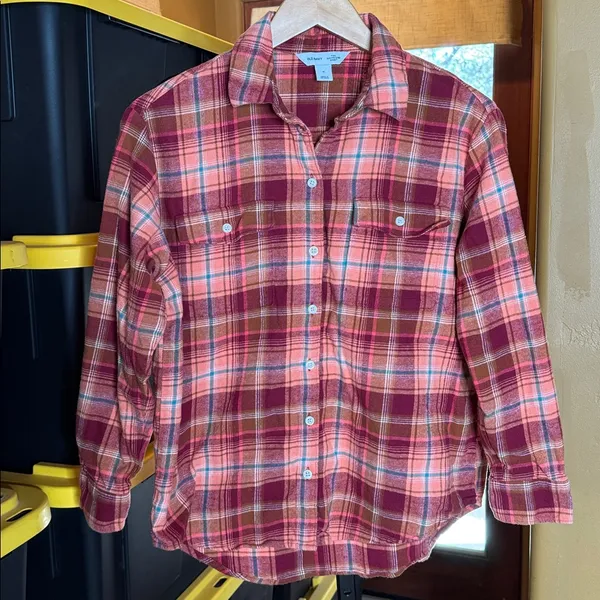 Old Navy Orange & Red Plaid Flannel Tunic The Boyfriend Shirt Size Medium - Image 5