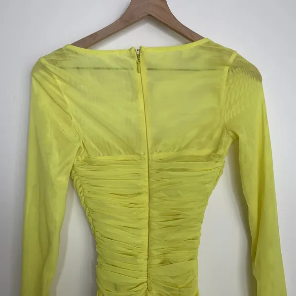 House of CB Valentina Yellow Long Sleeve Ruched Organza Mesh Mini Dress XS - Image 3
