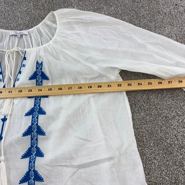 Parker NY Woman's M White Blue Embroidered Tassel Tie Neck Cotton Tunic Top Boho - Image 7