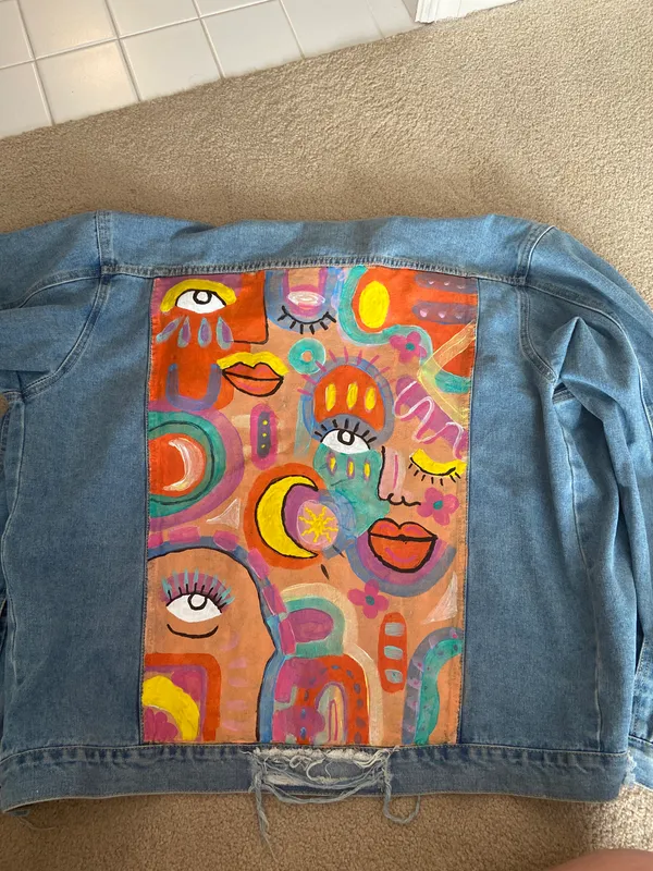 unique hand painted abstract jean jacket Multiple Size L - Image 4