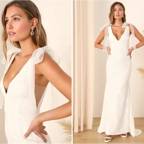 LULU's Elegant Sexy Wedding Bridal Shower Engagement Floral Lace Flowy Gown - Image 2