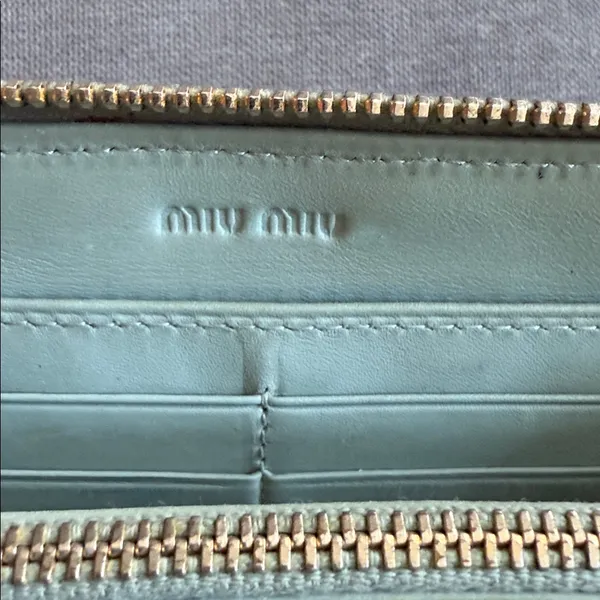 Miu Miu Metallic Gold Croc-Embossed Wallet with light blue interior. - Image 4