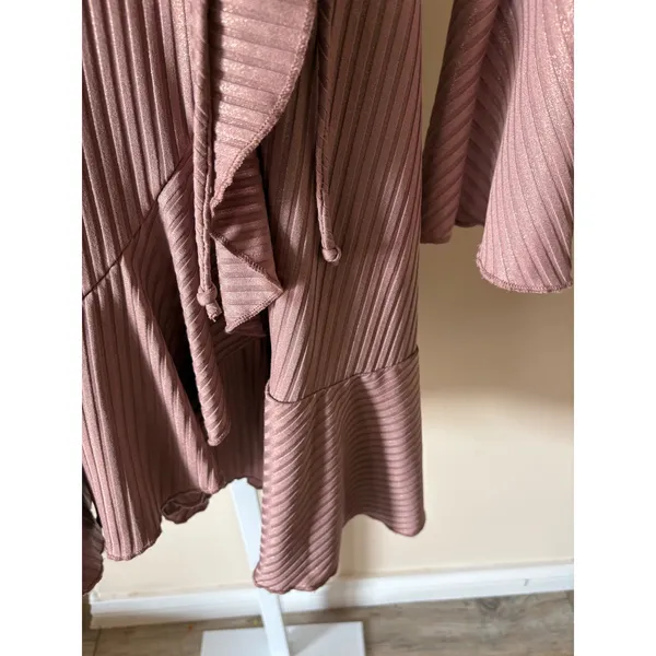 Altar'd State Taupe Metallic Wrap Mini Dress Long Bell Sleeve Pink Medium - Image 5