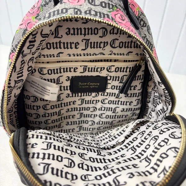 Juicy Couture Pink Rose Print‎ Black Logo Faux Leather Backpack - Image 3