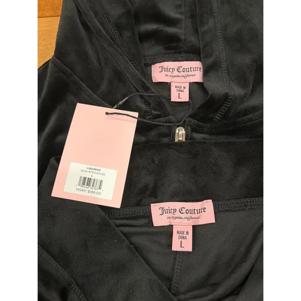 Juicy Couture NWT Tracksuit Set Womens Black Velour Rhinestone Hoodie Shorts L - Image 5