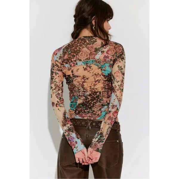 Free People Dainty Retro 90s Ariana Long Sleeve Ruched Top Taupe Combo Medium - Image 3