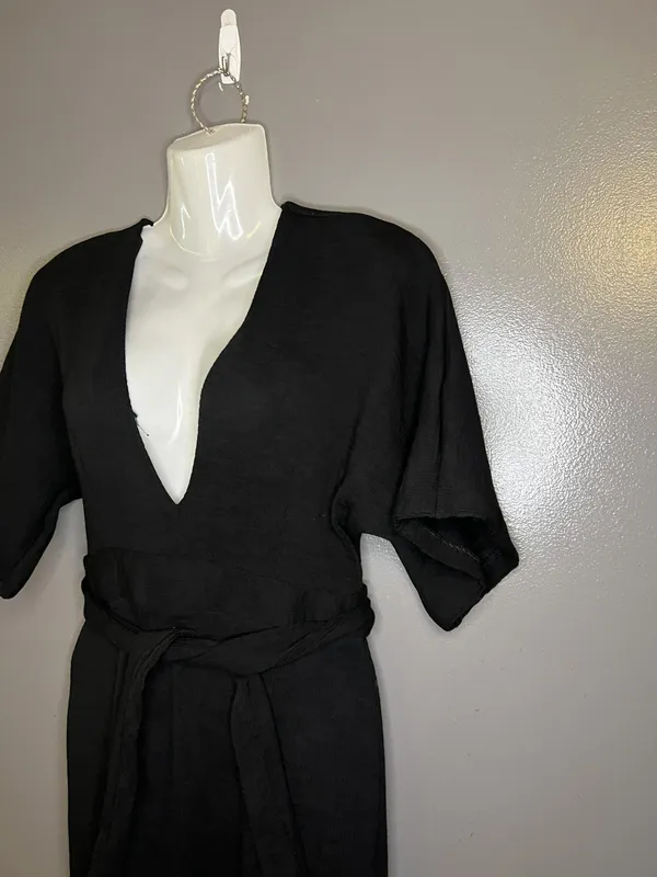 Topshop Dress Womens 6 Black V Neck Kimono Sleeve Cutout Back Tie Waist Midi - Image 5
