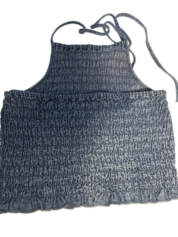 American Eagle Smocked Halter Crop Top Womens S Blue Stretch Y2K Coquette - Image 2