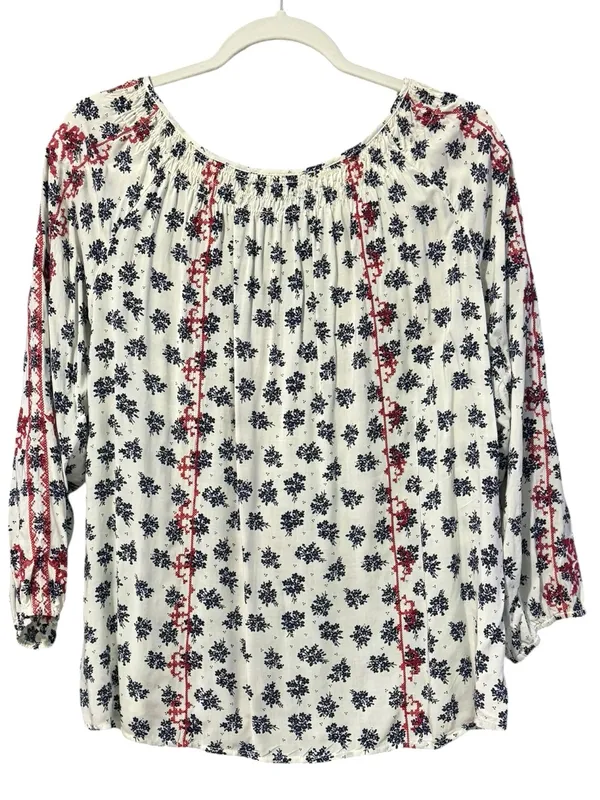 Boho Embroidered Tie-Front Peasant Top M 22” p2p White/Red & Navy Floral EU - Image 9