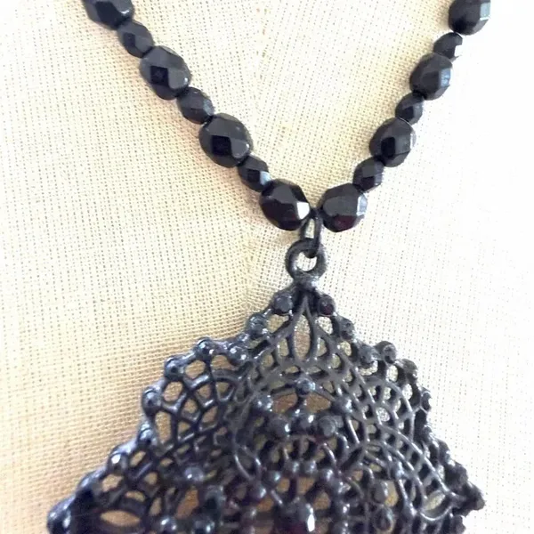 Avon Vintage Black Filigree Statement Necklace Gothic Lace Pendant - Image 3