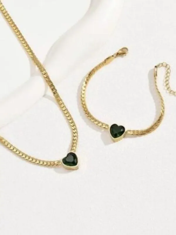 18K Gold Plated Green Heart snake chain Necklace Stainless Steel womens jewelry - Image 11