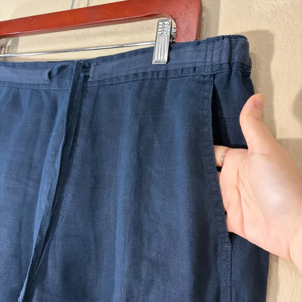 Orvis Wide Leg 100% Linen Solid Navy Drawstring Cropped Pant Large Beach Resort - Image 4