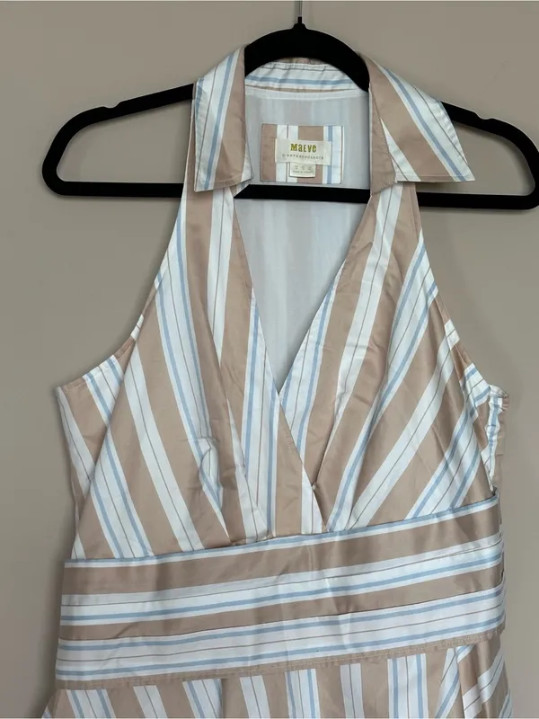 Anthropologie Maeve Asymmetrical Striped Wrap Halter Shirt Dress Size 14 Coastal - Image 8